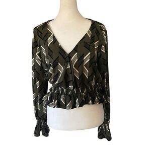 Fifty Street Women Geometric Chevron Peplum Top M Olive Green Boho Forest Fairy